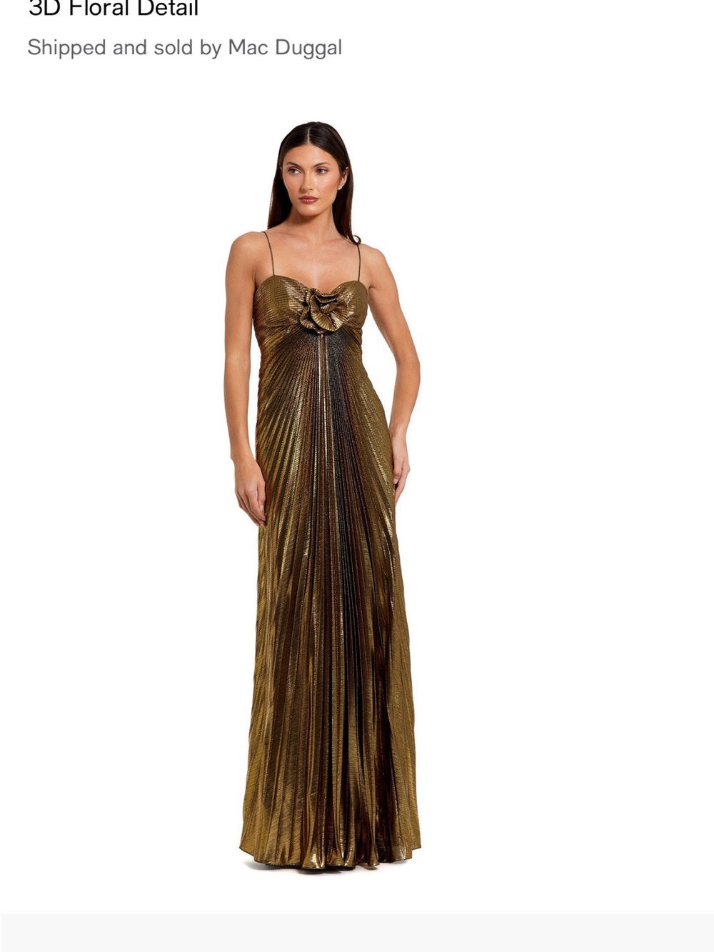 Mac Duggal Gold Metallic Pleated Maxi Gown with 3D Floral Accent